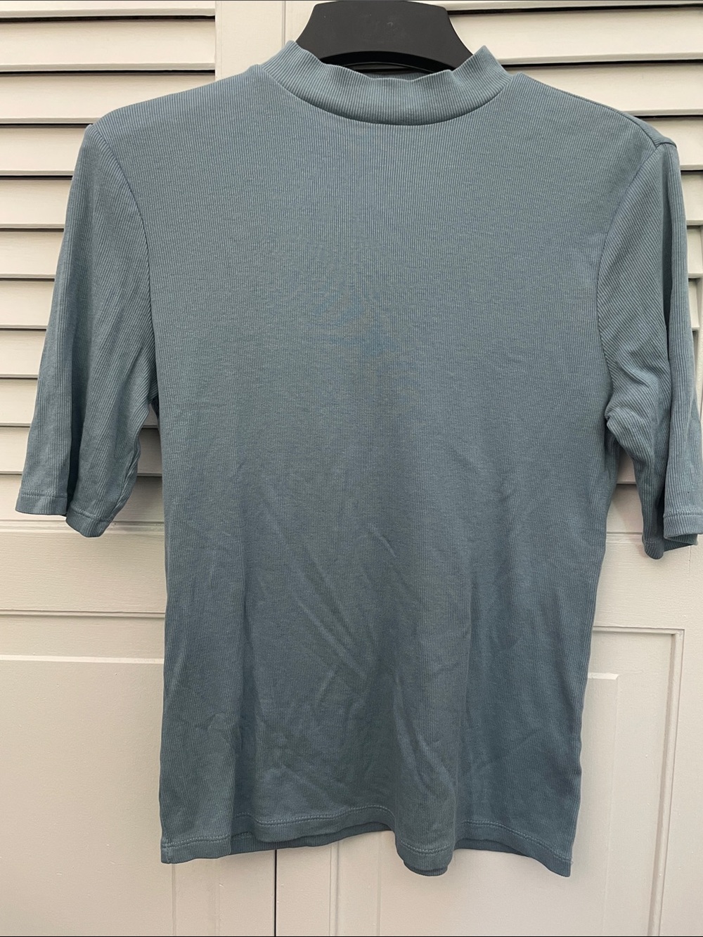 a new day Women's Elbow Sleeve Mock Neck Ribbed Knit in Dusty Blue
